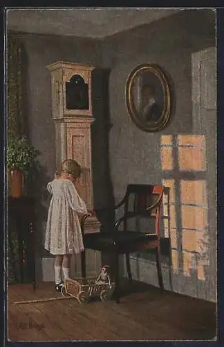 Künstler-AK sign. Alfred Broge: Mädchen neben einer Standuhr