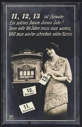 AK Seltenes Datum, Frau am Briefkasten, 11.12.1913