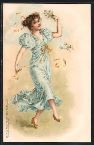 AK Junge Dame im blauen Kleid mit Margariten, Frühling