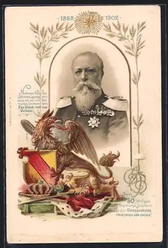 Lithographie Grossherzog Friedrich von Baden, 50jähriges Regierungs-Jubiläum 1902