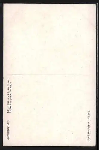 Ölgemälde-Imitations-AK Degi Nr. 533: Mädchen auf einer Bank unter dem alten Lindenbaum, von A. Kjellberg-Juel