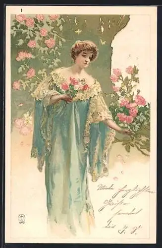 Lithographie Junge Dame im langen Kleid mit Rosen im Jugendstil