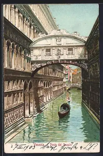 Lithographie Venezia, Ponte dei Sospiri mit Gondel