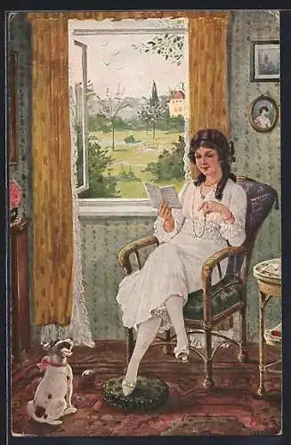 Künstler-AK Alfred Mailick: Frau liest ein Buch am Fenster