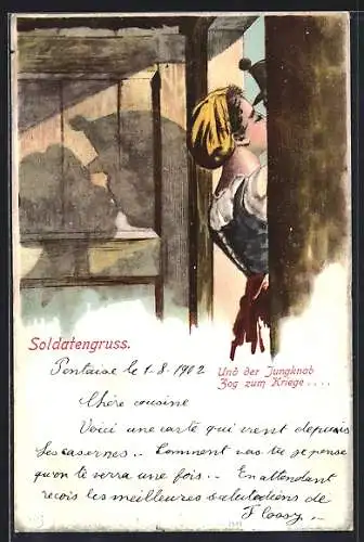 Lithographie Und der Jungknab zog zum Kriege, schweizer Soldatengruss