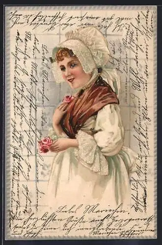 Lithographie Niederländische Maid in Tracht