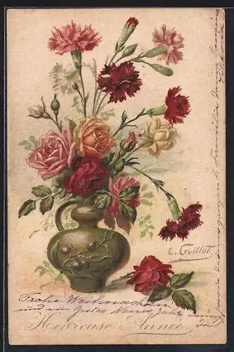 Künstler-AK E. Guillot: Heureuse Année, Neujahrsgruss, eine Blumenvase mit Nelken