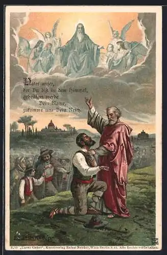 Künstler-AK E. Döcker: Gott im Himmel mit Engeln, Segnungsszene