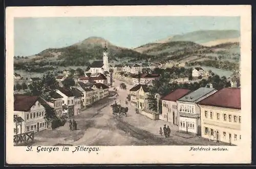 AK St. Georgen im Attergau, Strassenpartie aus der Vogelschau, Blick zur Kirche