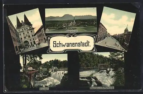 AK Schwanenstadt, Stadttor, Hauptplatz, Traunfall mit wilder Fallklause