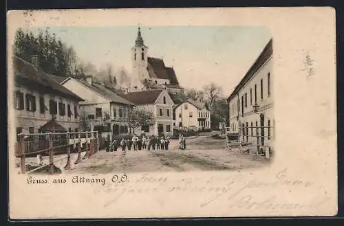 AK Attnang, Strassenpartie mit Blick zur Kirche