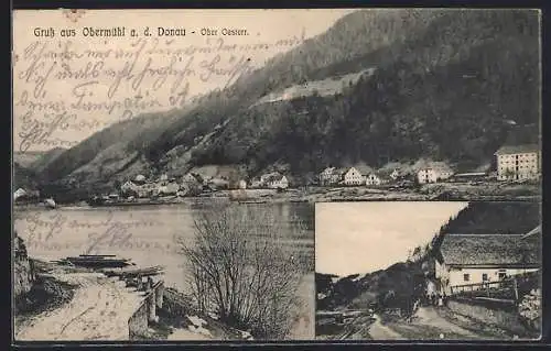 AK Obermühl a. d. Donau, Ortsansicht von der gegenüberliegenden Flussseite