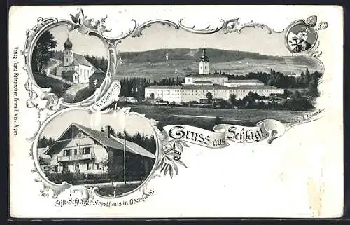 Lithographie Schlägl, Stift-Schlägls Forsthaus in Ober-Haag, Kirche St. Wolfgang