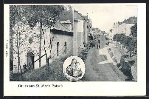 AK Altenfelden, St. Maria Pötsch, Strassenpartie mit Kirche und Priester, Marienbild