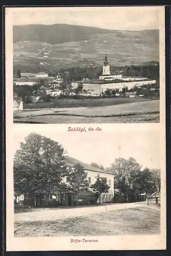 AK Schlägl, Gasthof Stifts-Taverne, Blick auf das Stift