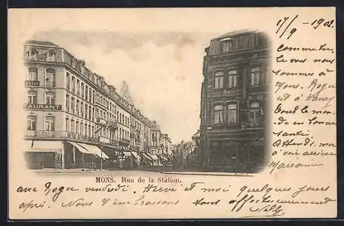 AK Mons, Rue de la Station, Strassenpartie