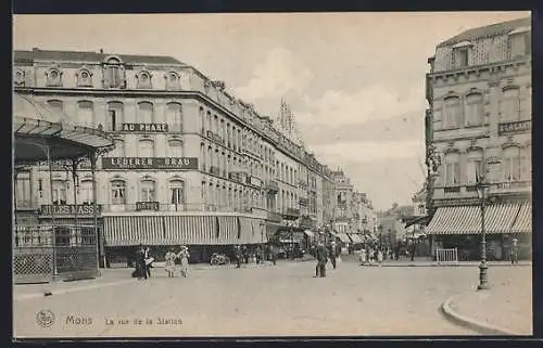 AK Mons, La rue de la Station, Strassenpartie