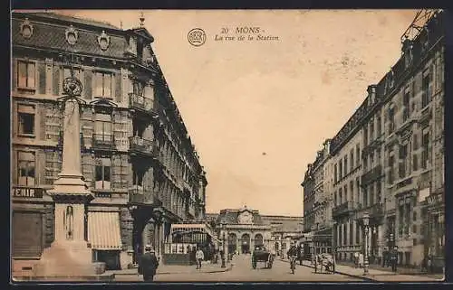 AK Mons, La rue de la Station, Strassenpartie