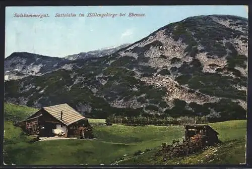 AK Sattelalm im Höllengebirge, Ortspartie mit Bergen