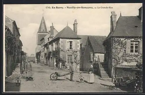 AK Neuilly-en-Sancerre, La Grande-Rue avec habitants et église en arrière-plan
