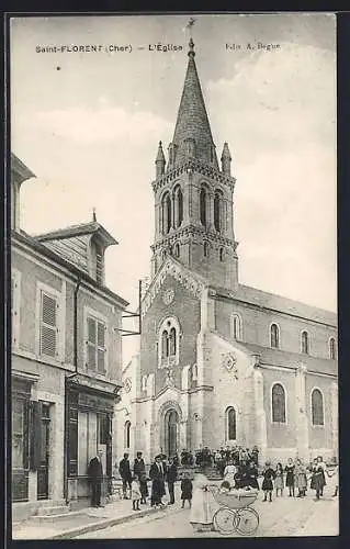 AK Saint-Florent, L`église et la foule rassemblée devant l`édifice