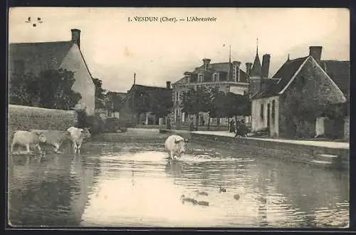 AK Vesdun, L`Abreuvoir avec des vaches se désaltérant