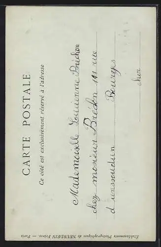 AK Nérondes, L`église avec des personnes à l`entrée et une charrette à droite