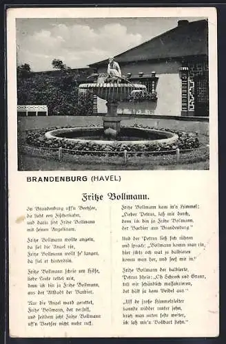 AK Brandenburg /Havel, Brunnen mit Denkmal für Fritze Bollmann