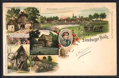 Lithographie Hermannsburg / Lüneburger Heide, Bauernhaus, Mühle, Gesamtansicht