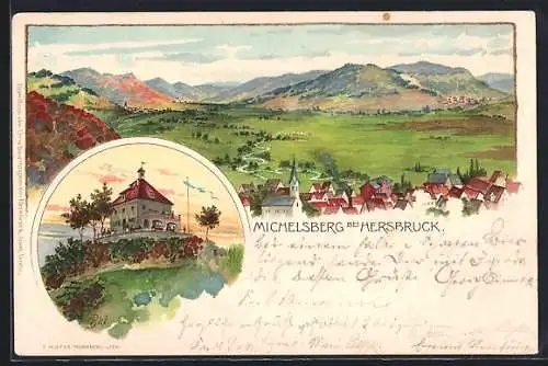 Lithographie Hersbruck, Panorama und Gasthaus Michelsberg