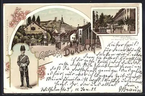 Lithographie Durlach, Train-Soldat, Altes Schloss, Partie mit Gasthof Grüner Hof