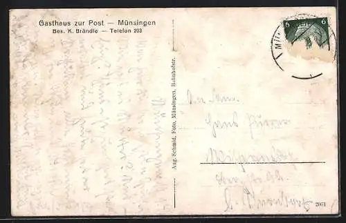 AK Münsingen, Gasthaus zur Post von K. Brändle