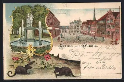 Lithographie Hameln, Osterstrasse und Gertrudenbrunnen