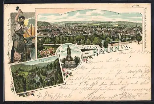 Lithographie Hagen / Westfalen, Schmied am Amboss, Gasthaus Waldlust, Kriegerdenkmal, Panorama