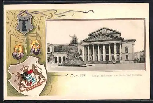 Passepartout-Lithographie München, Königliches Hoftheater und Max-Josef Denkmal, Wappen