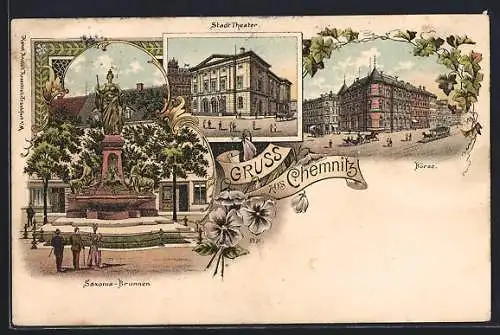 Lithographie Chemnitz, Stadt-Theater, Saxonia-Brunnen, Pferdebahn an der Börse