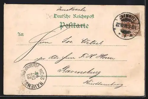 Lithographie Chemnitz, Stadt-Theater, Saxonia-Brunnen, Pferdebahn an der Börse