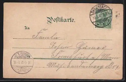Lithographie Darmstadt, Weisser Turm am Ernst-Ludwigsplatz mit Strassenbahn