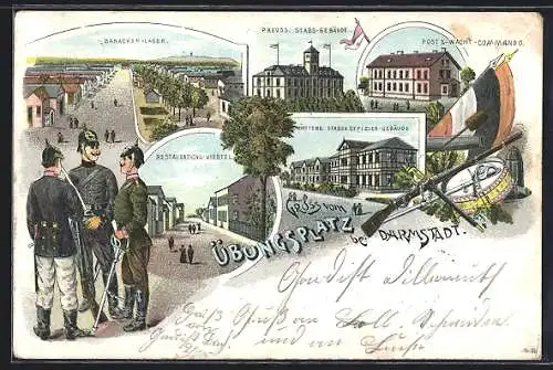 Lithographie Darmstadt, Übungsplatz, Restaurants-Viertel, Baracken-Lager, Preussisches Stabs-Gebäude