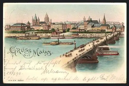 Lithographie Mainz, Stadt von der Brücke gesehen, Halt gegen das Licht: beleuchtete Fenster