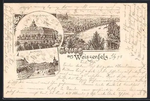 Vorläufer-Lithographie Weissenfels, 1895, Königl. Schloss, Marktplatz, Panorama