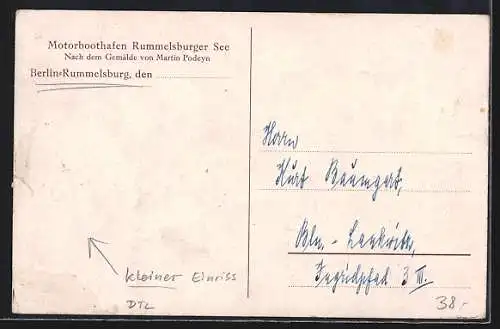 Künstler-AK Berlin-Rummelsburg, Motorboothafen Rummelsburger See