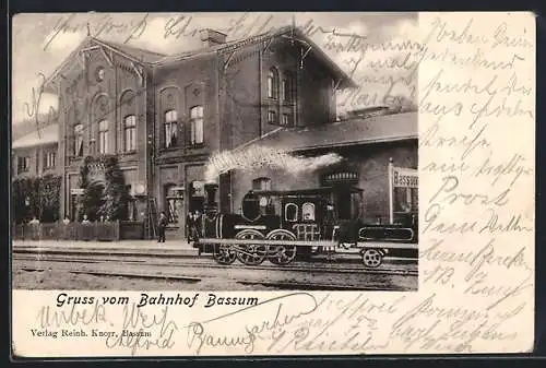 AK Bassum, Bahnhof mit einfahrender Eisenbahn