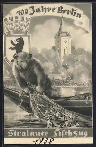 AK Berlin-Stralau, Volksfest Stralauer Fischzug, Berliner Bär beim Fischen, Kirche, Wappen