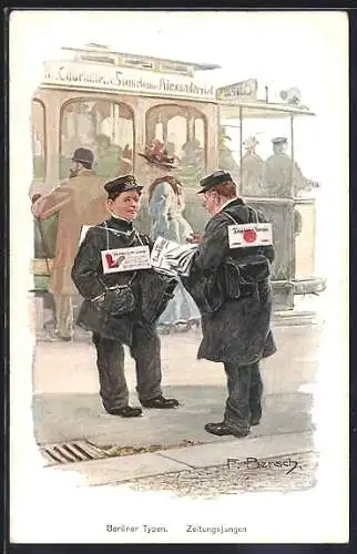 Künstler-AK sign. F. Bersch: Berlin, Zeitungsjungen bei der Arbeit, Strassenbahn, Berliner Typen