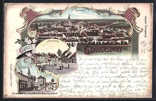 Lithographie Gaunersdorf, Ortsansicht, Marktplatz, Kirchenplatz