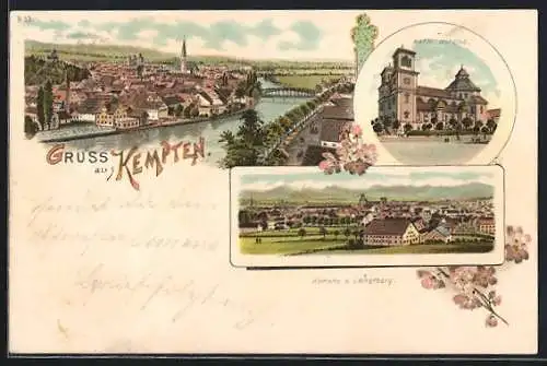 Lithographie Kempten / Allgäu, Teilansicht vom Lorterberg, Katholische Kirche, Uferpartie