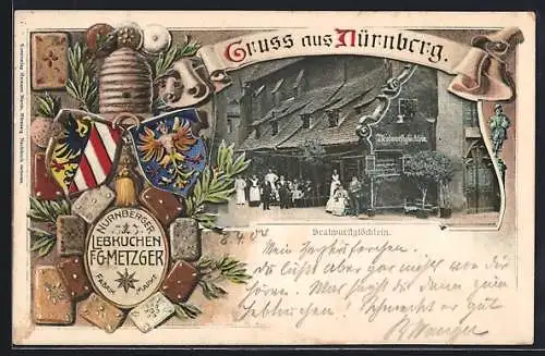 Lithographie Nürnberg, Gasthaus Bratwurstglöcklein, Nürnberger Lebkuchen F. G. Metzger, Bienenkorb, Imkerei