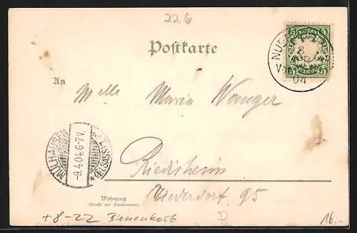 Lithographie Nürnberg, Gasthaus Bratwurstglöcklein, Nürnberger Lebkuchen F. G. Metzger, Bienenkorb, Imkerei