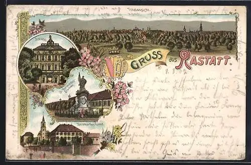 Lithographie Rastatt, Totalansicht, Schloss, Bernhardus-Kirche